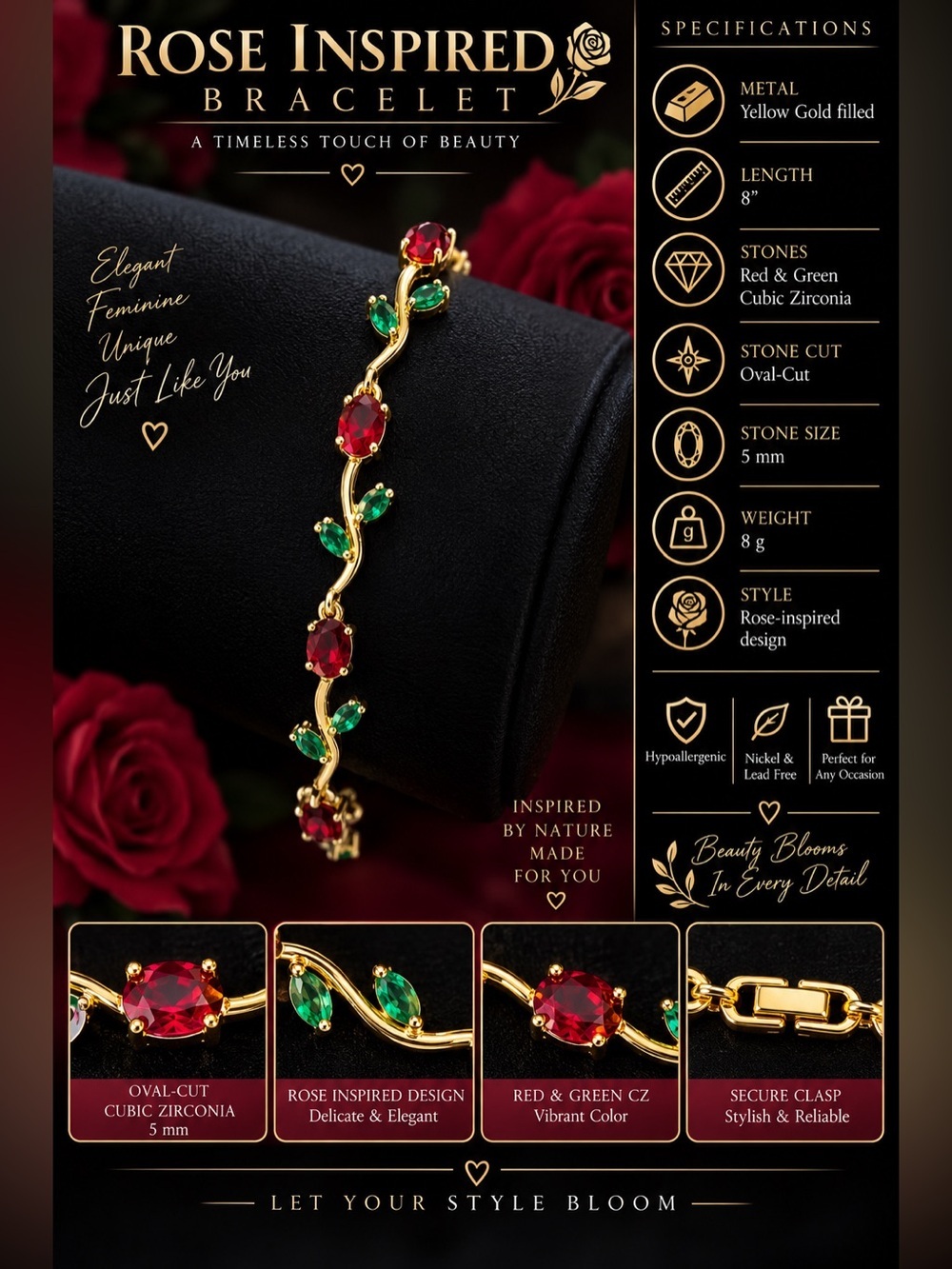1.4mm Yellow Gold Rose-Inspired CZ Bracelet 8 in. - Picture 2 of 9